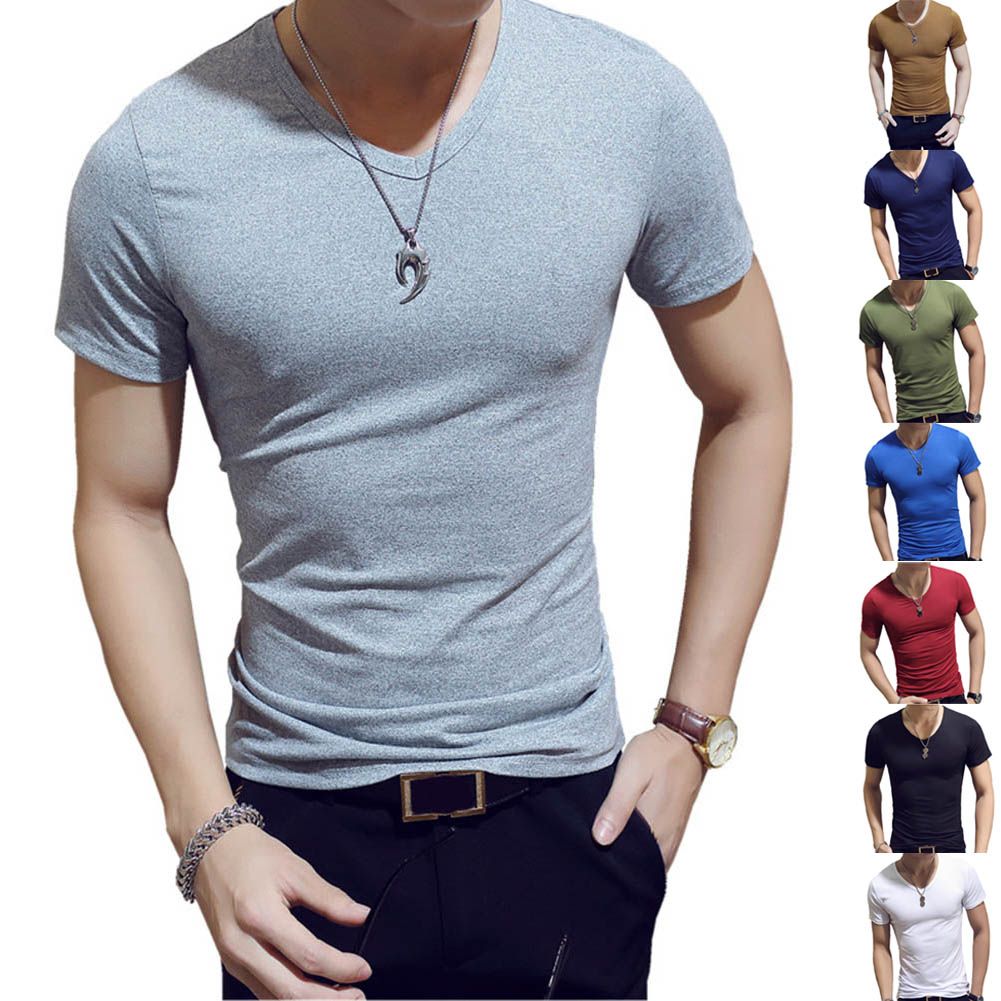 Korean Summer Men T Shirt Short Sleeve V Neck Solid Color Tops Fitness ...