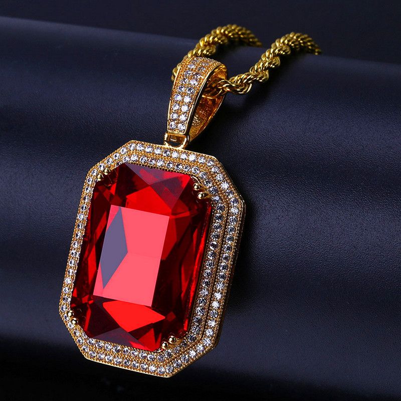 Hiphop Ruby Pendant Necklaces For Men Luxury Gold Plated Chains DJ Ice