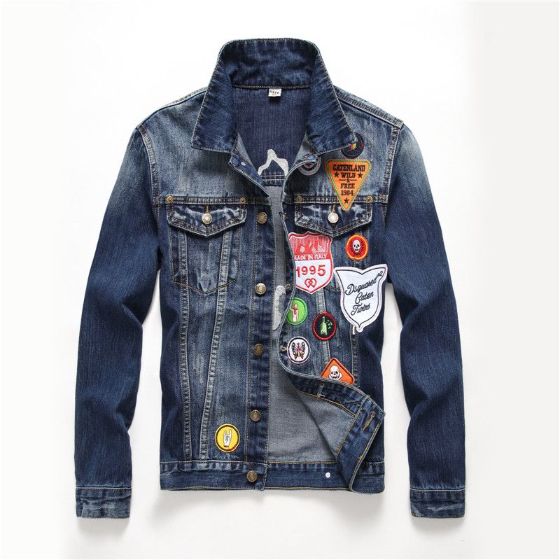 Vintage Jacket Autumn Men Full Sleeve Embroidery Badge Patchwork Denim ...