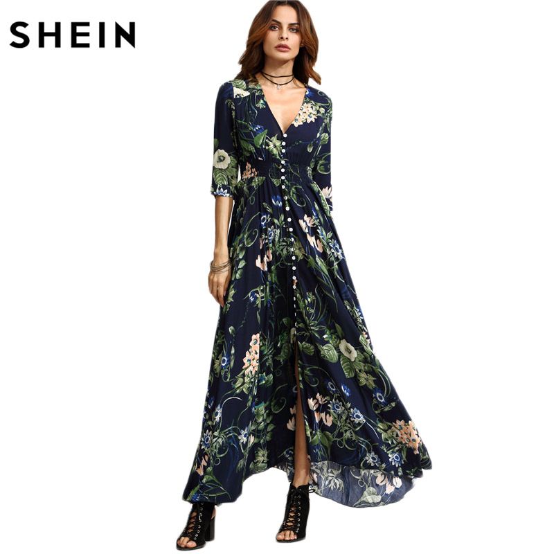 Avant Chemise Robe Florale Marine Longue Y1891108 Ligne Plage Une Imprimée De Boho Shein Demi Maxi Élégante Bouton WxdoQCBre