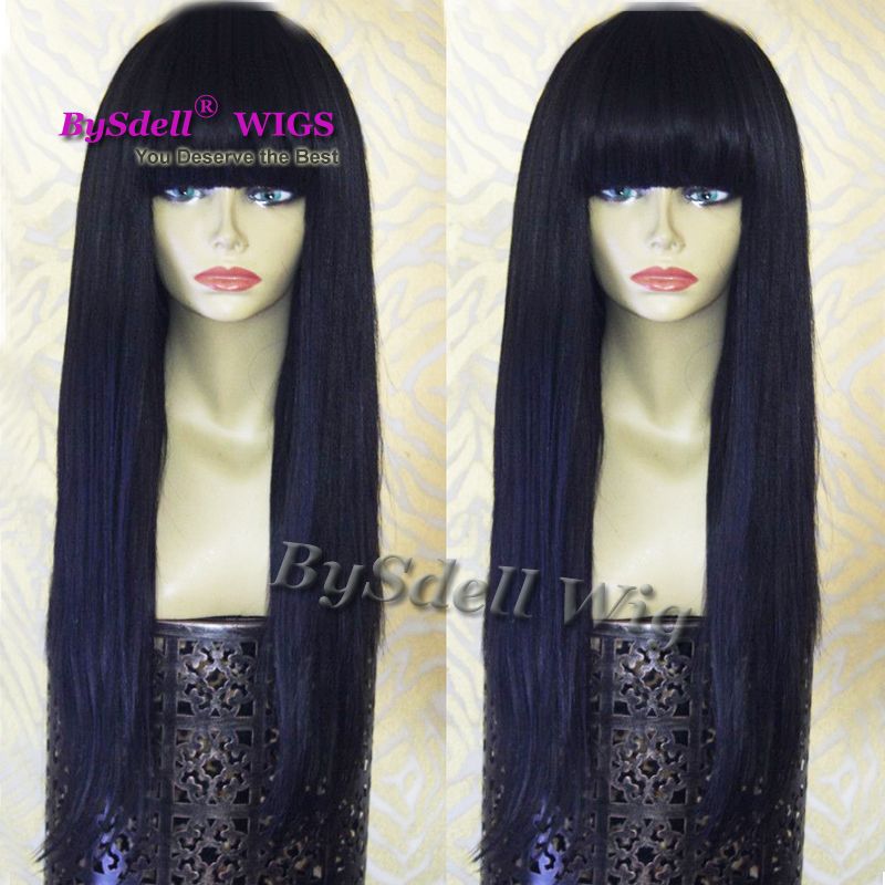 Synthetic Long Straight Hair Wig Natural Black Color Bang Style