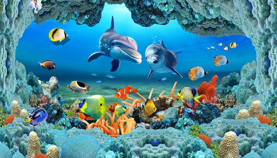 Wallpaper For Walls 3d Sea World Underwater Caves Dolphin Fish Flooring Bricks Bathroom