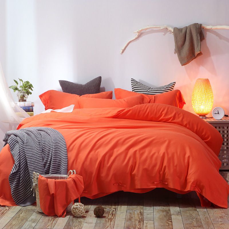 Cotton And Linen Soft Bed Sheet 4pcs Bright Solid Color Plain Orange Bedding Sets Double 200cm King 240cm Duvet Covers Bedlinen