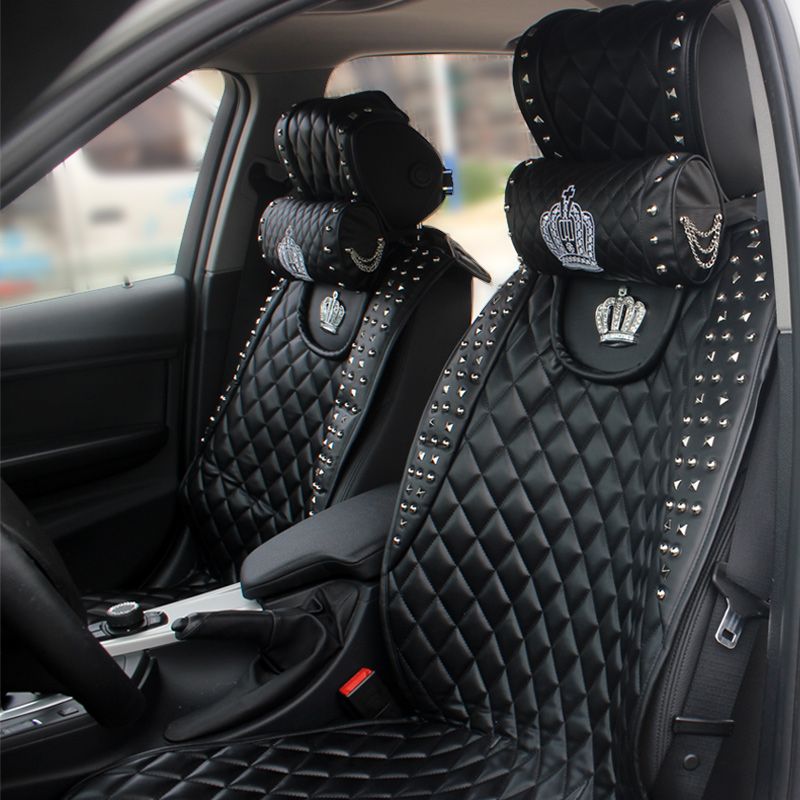 Car Headrest Crown Embroidery Leather Fashion Rivet Car Neck Pillow Universal Rhomboids Car