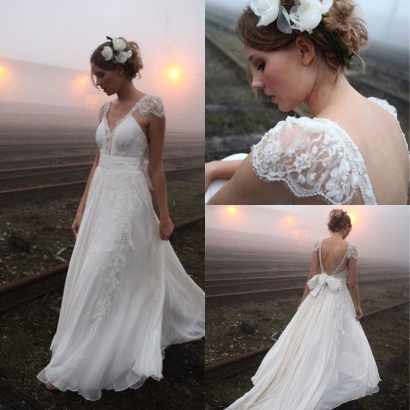 Simple White Summer Chiffon Beach Wedding Dresses With Lace Cap