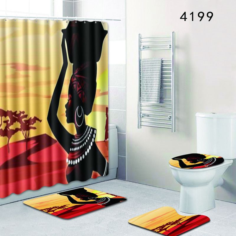 The 4 Sets Bathroom Carpet Rug Shower Curtain African Woman Toilet Seat Cover Non Slip And