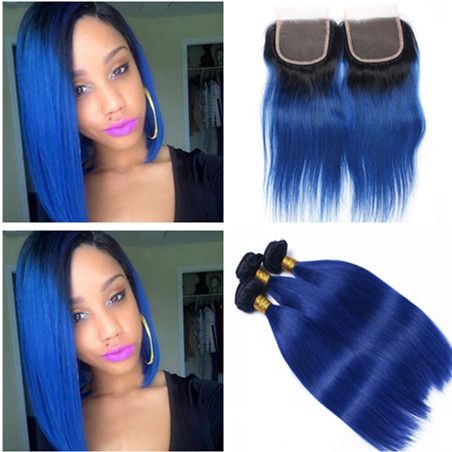 T1b Blue Dark Root Ombre Brazilian Virgin Human Hair Bundles With Closure Straight Ombre Blue Human Hair 3 Bundle Deals With Lace Closure