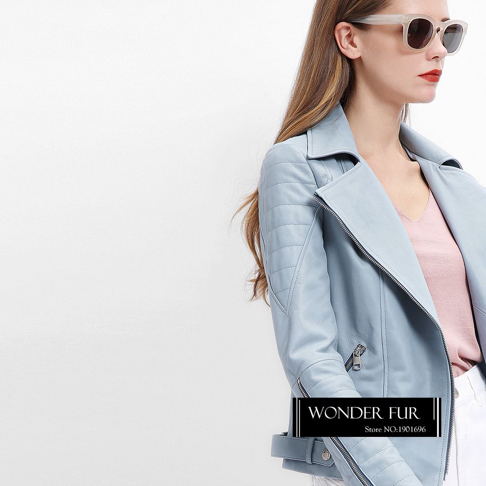 2018 Baby Blue Genuine Leather Jacket For Women Pink 2018 Baby Blue Genuine Leather Jacket For Women Pink Biker Stylish Sheepskin Full Sleeve Coat Good Quality From Shipsoon