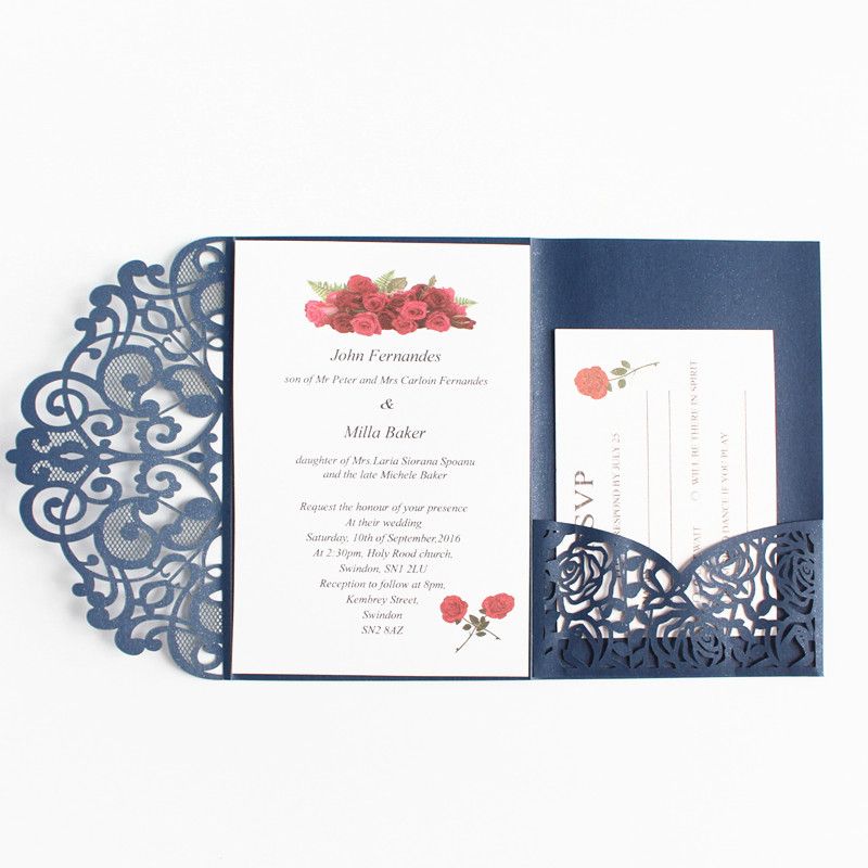 elegant pocket three fold invitation navy blue laser cutting customized printing wedding business invitation card free ship cheap wedding invitations canada