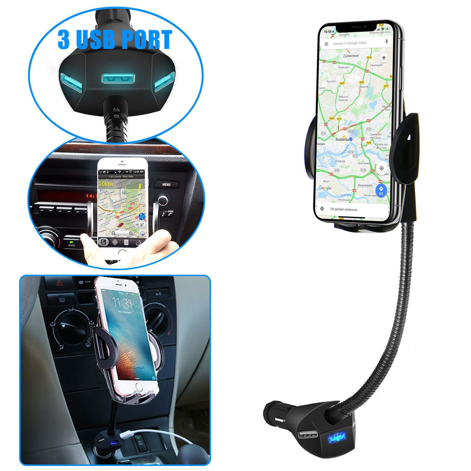 2019 Car 3 Ports USB Charger Cell Phone Holder Cigarette Lighter