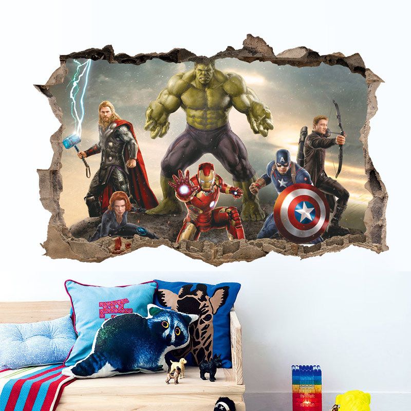 kids 3d wall sticker pvc the avengers broken wall decal murals
