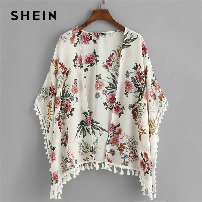 Shein Tassel Detail Floral Print Kimono Women Casual Half Sleeve Fringe Top Blouse 2018 Spring Beach Boho Vacation Kimono