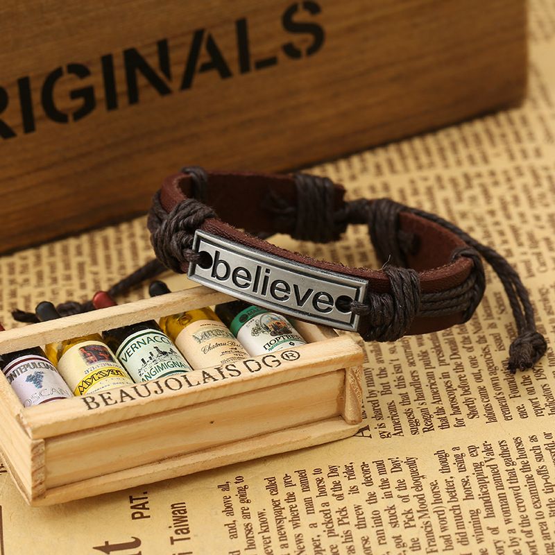 4 Piece Set of Believe Adjustable Braided Leather Bracelets for Men or Women