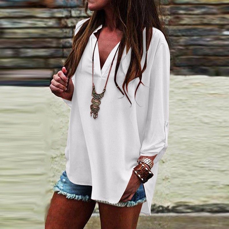 여성 쉬폰 블라우스 셔츠 캐주얼 여름 V 넥 유럽 불규칙 Pleated 3/4 슬리브 플러스 S-5XL 패션상의