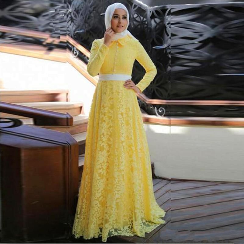 Acheter 2019 Élégant Dentelle Jaune Musulman Robe De Soirée Avec Hijab Moyen Orient Robes De Soirée À Manches Longues Une Ligne Arabe Robe De Bal Robe De