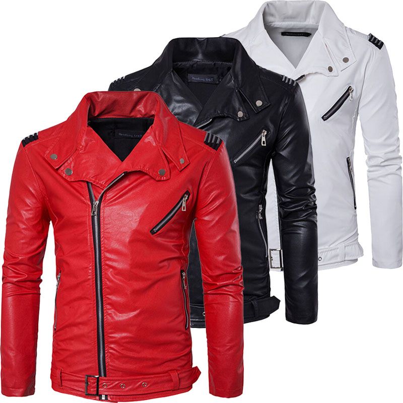 Top Quality Soft Pu Multi Zipper White Red Leather Jacket Men Motorcycle Slim Fit Male Biker Black