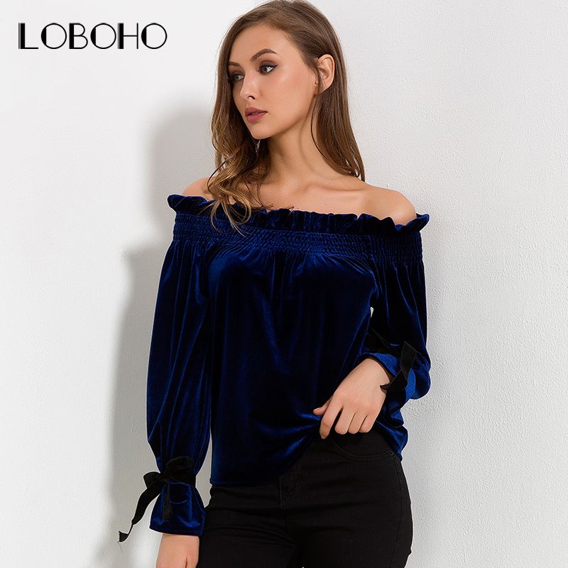 New Women Velvet Blouses Long Sleeve V neck Elegant Blusas