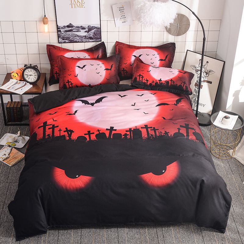 Happy Bedding Set Tombstone Eye Bat Duvet Cover Pillowcases Red Black Color Microfiber Bedclothes Twin Queen King Size 3pcs