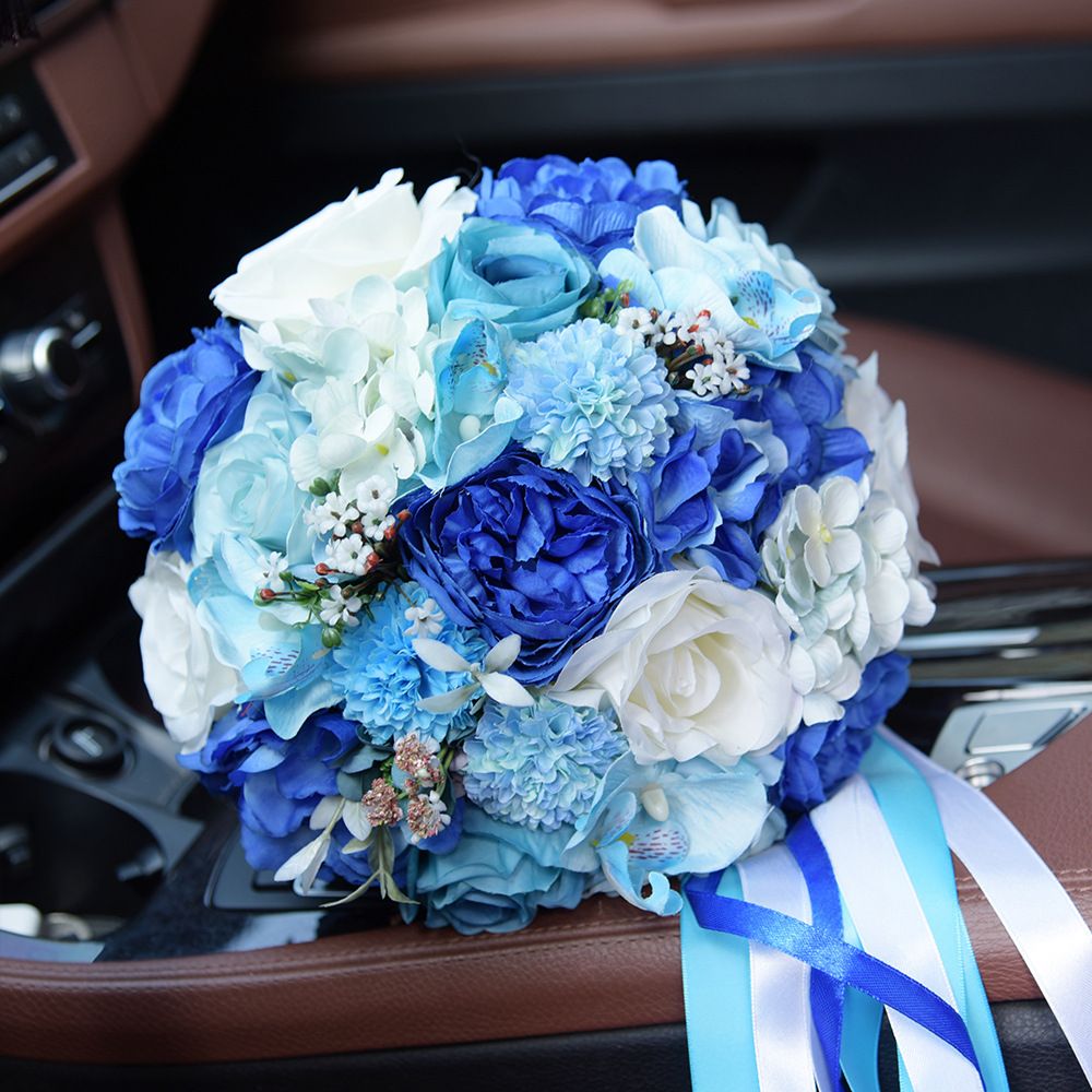 Artificial Beach Wedding Flower Bouquet Blue Roses Bride Bridal Brooch