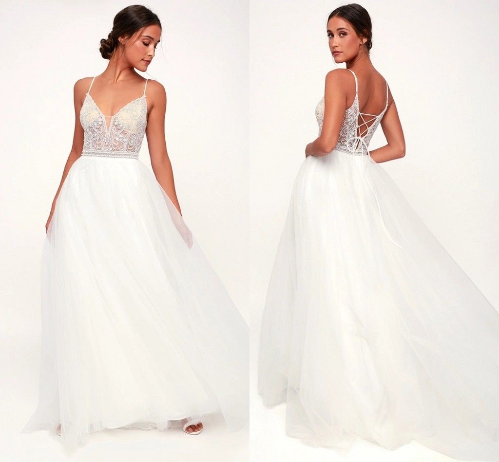 Discount 2019 Sexy White Wedding Dress V Neck Beaded Rhinestone Lace