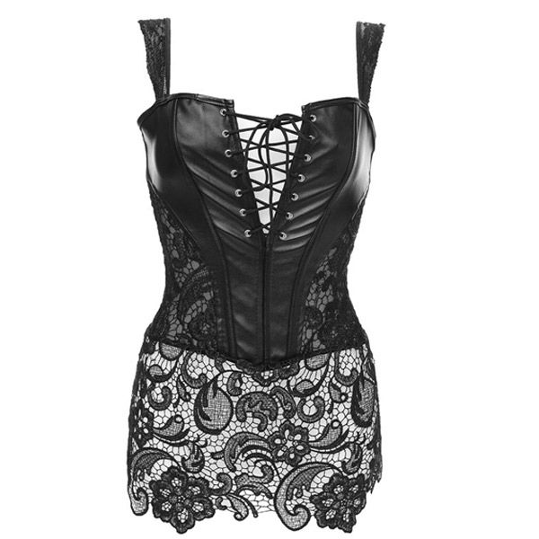 2021 Pu Faux Leather Corset Black Red Venice Lace Leather Corsets Tops