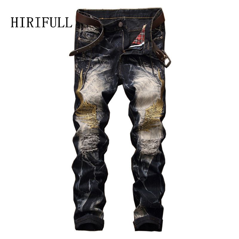 Mens 2017 Broderie Hip Vintage Slim Hop Casual Fit Biker Trou De Déchiré Droite Hommes Pantalon Ailes Jeans Mode Denim Pknw80OX