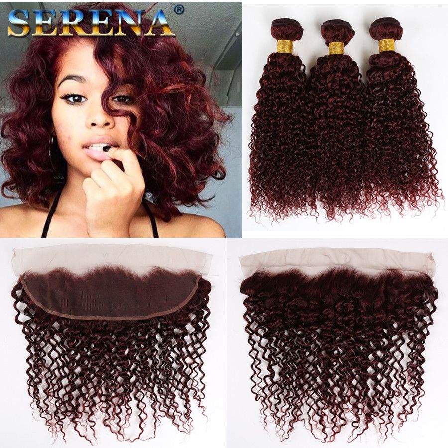 2019 Dark Roots 99J Kinky Curly Hair Weaves With Lace Closure Ombre