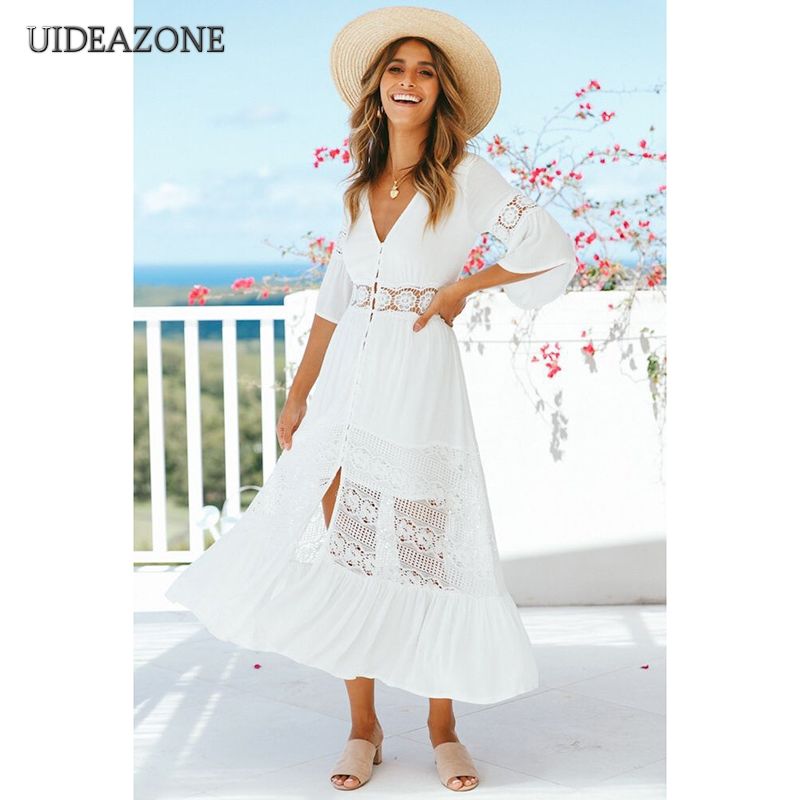 Plage Blanche Tunique Longue Casual Dentelle De Acheter Robe