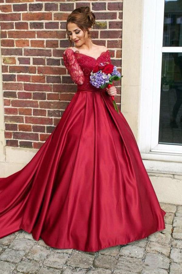 2018 New Dark Red Evening Dresses With Long Sleeves Sexy Off The Shoulder Sequins Lace Satin