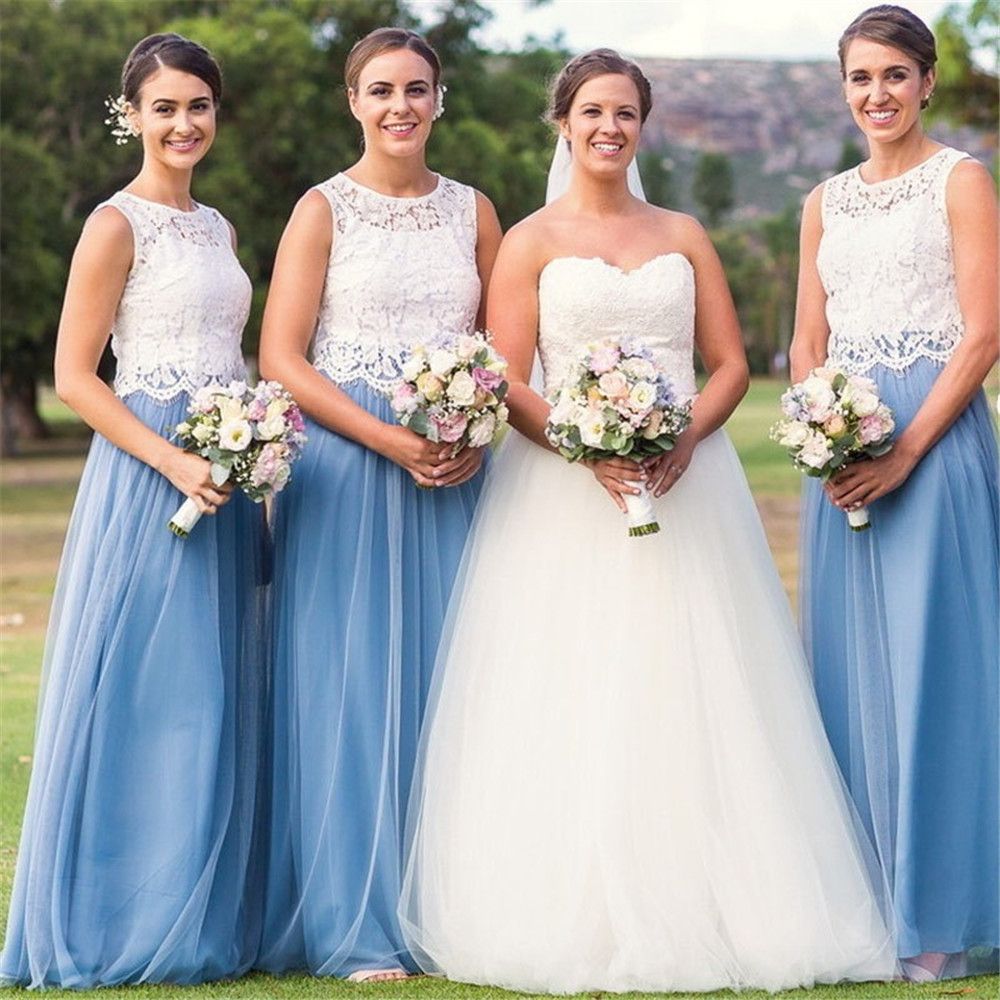 Cheap Two Pieces Blue And White Bridesmaid Dresses Jewel Neck Top