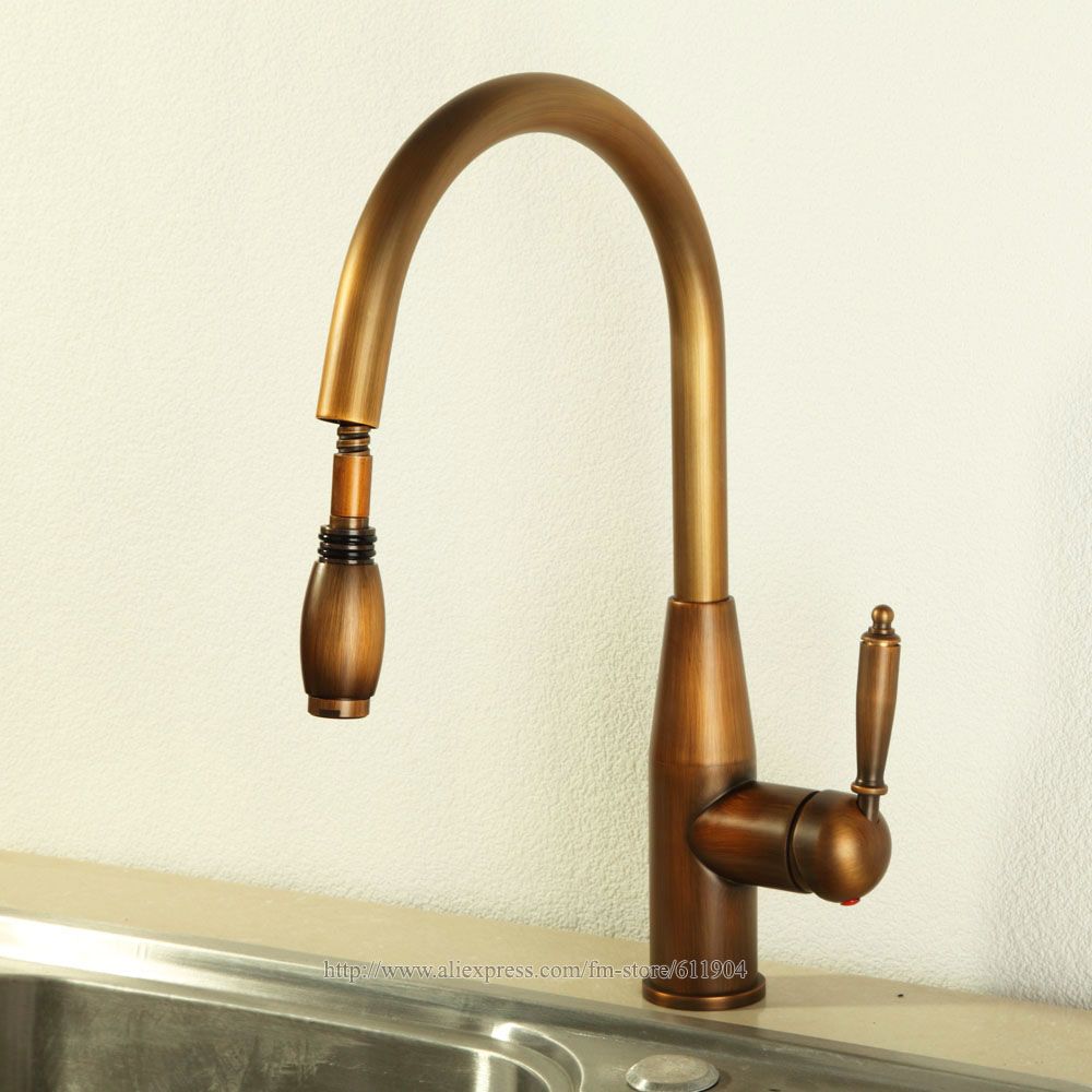 2019 Luxury Antique Brass Finish 16 Single Handle Pull Out Swivel 2019 Luxury Antique Brass Finish 16 Single Handle Pull Out Swivel Spout Kitchen Sink Faucet Mixer Taps Cold Hot Water Tap 2110951 From Caley