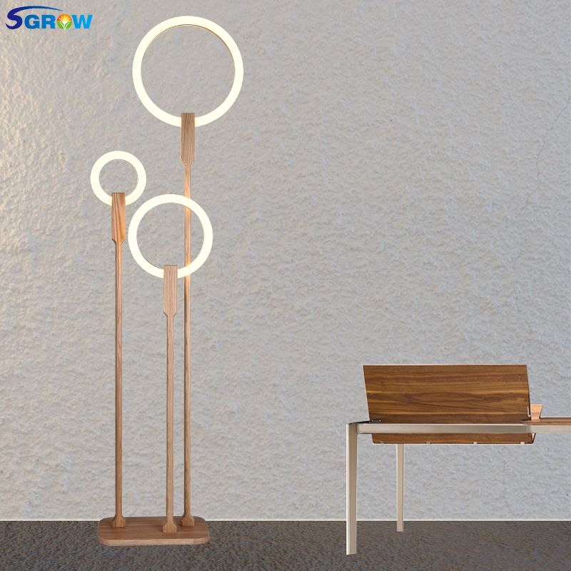 Sgrow Nordic Acrylic Ring Floor Led Lamp Light Fixture Solid Wooden Base Indoor Lighting For Bedroom Living Room Standing Lights