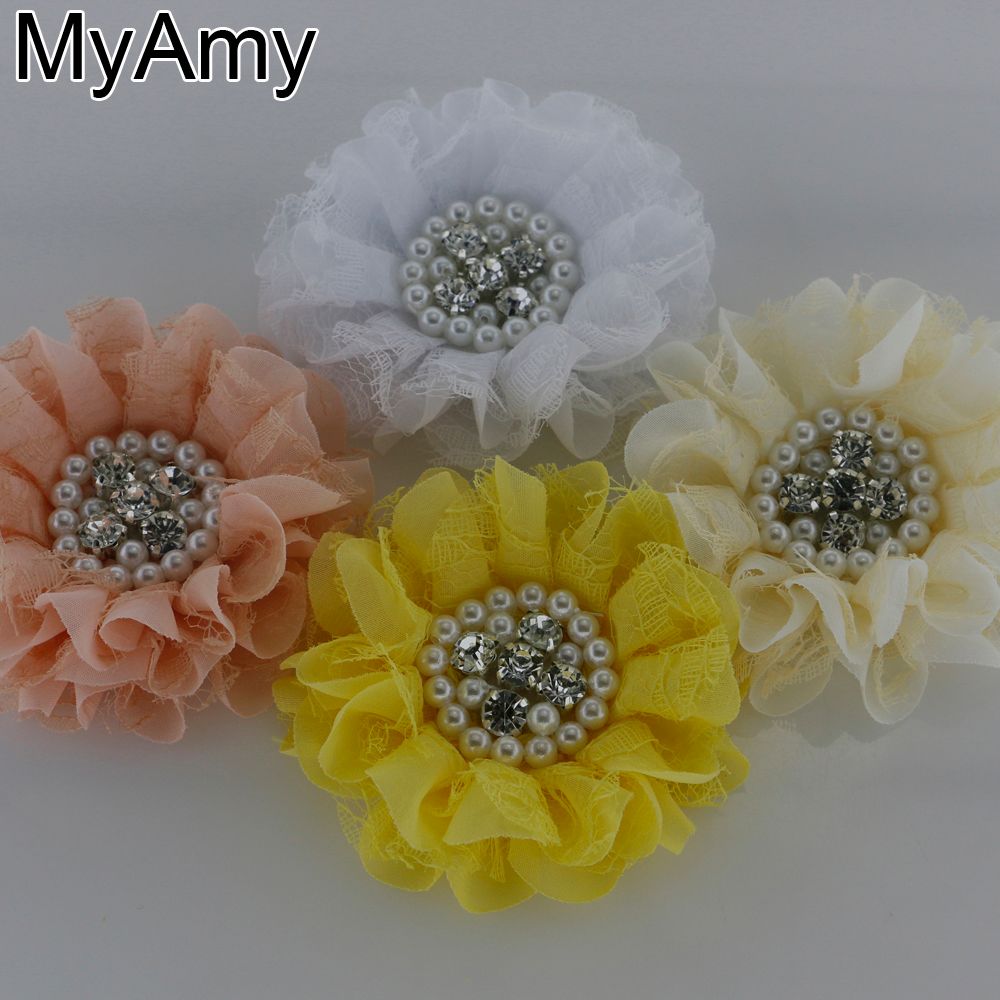White 3.5" lace chiffon ruffle flower w/ rhinestone & pearl center White 3.5" lace chiffon ruffle flower w/ rhinestone & pearl center