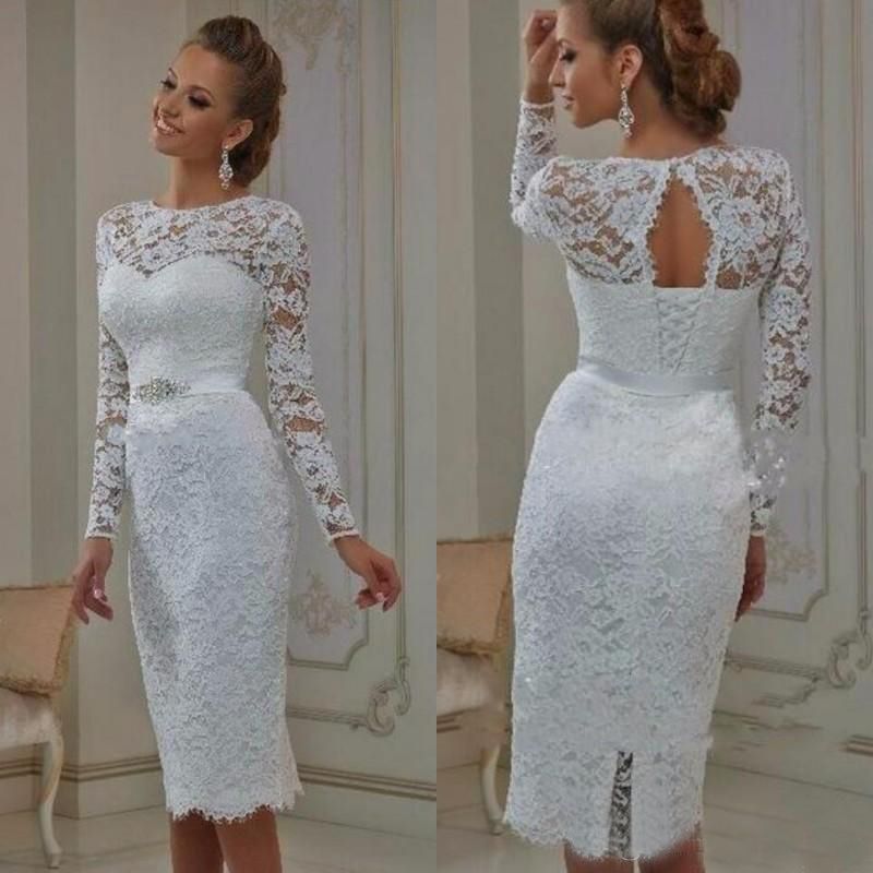 compre vestidos de novia de encaje blanco con mangas largas longitud