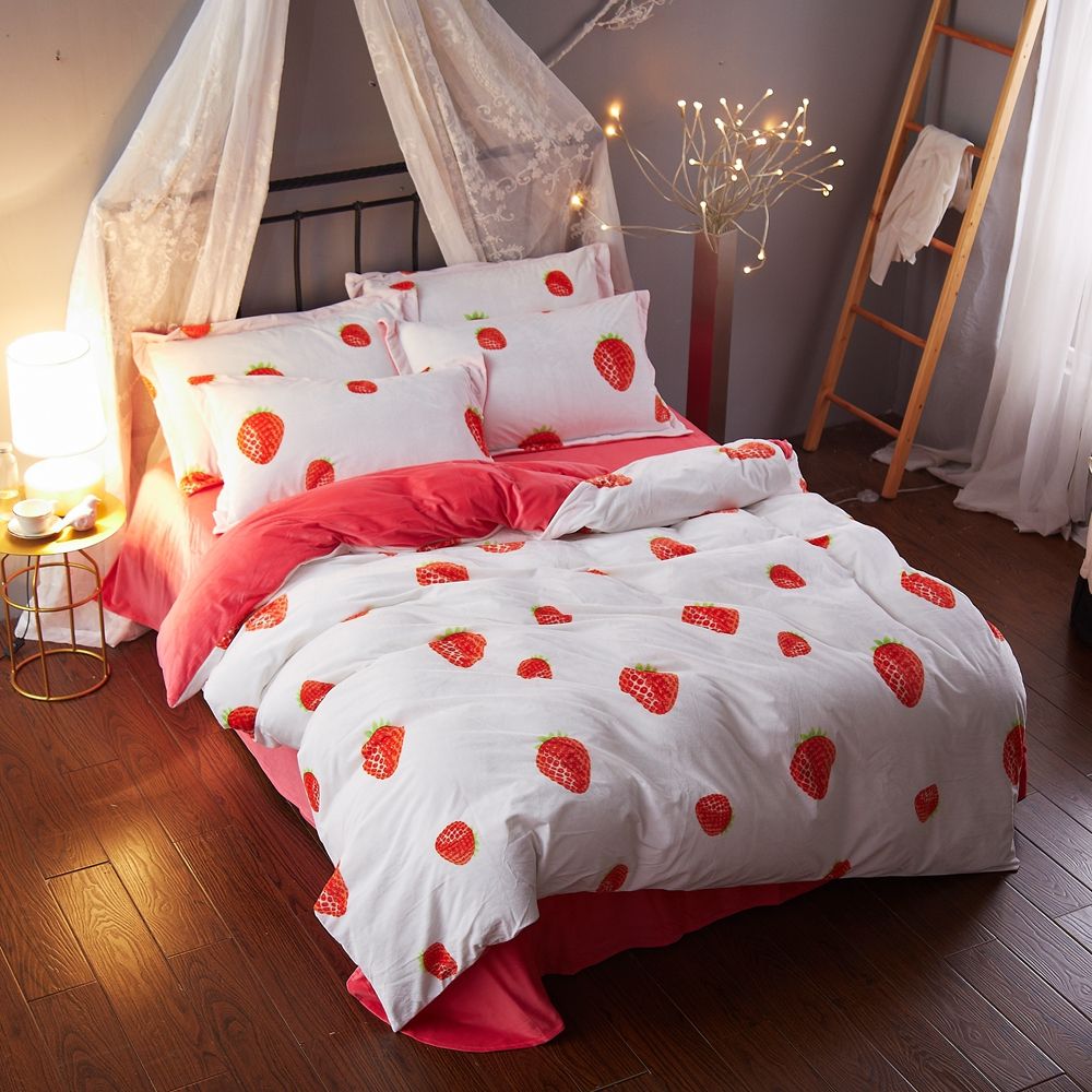 Cute Strawberry Fleece Duvet Cover Set Queen King Size Solid Color Cute Strawberry Fleece Duvet Cover Set Queen King Size Solid Color Bed Sheets Pillow Case Soft Crystal Velvet Bedding Satin Sets Blue From