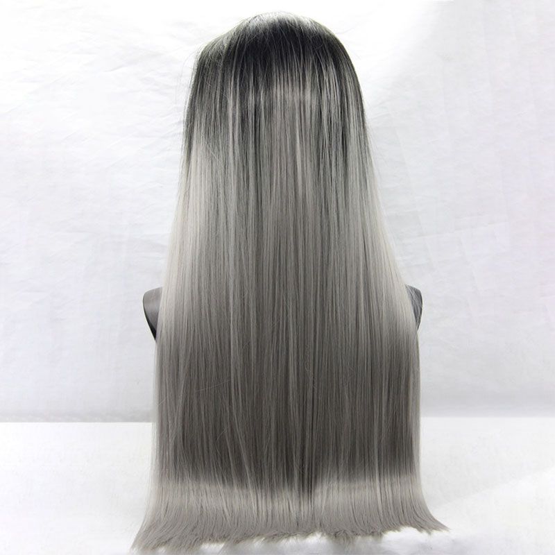 Long Straight Black Roots Ombre Grey Synthetic Lace Front Wig High