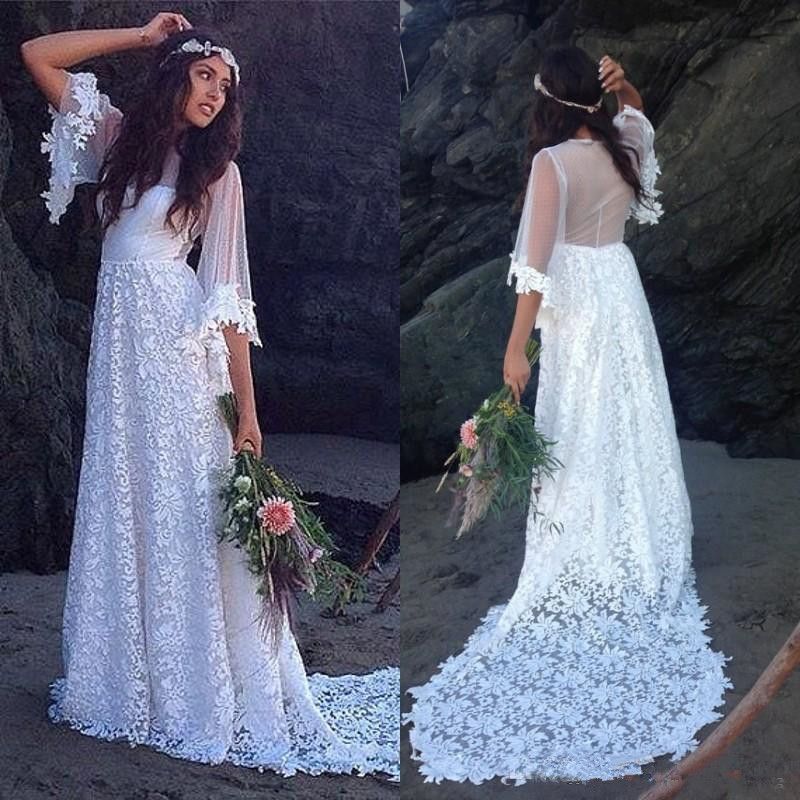 Discount 2018 New Elegant Beach Wedding Dress See Through Puff Half