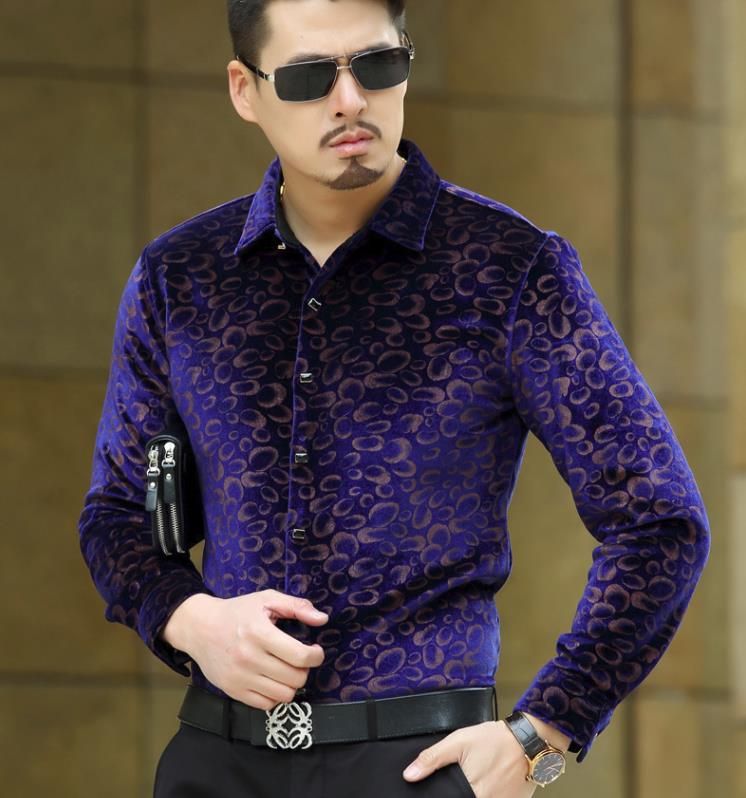 New Brand Luxury Mens Velours Silk Shirts Formal Dress Shirt Slim Fit ...