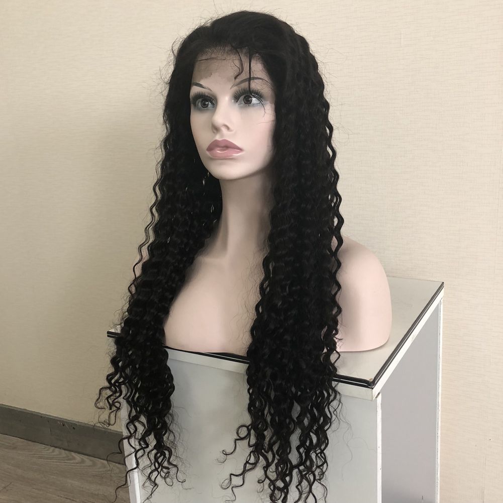 Full lace wigs Brazilian Deep wave wigs Hair 130% #1B Black Virgin Human Hair Front lace wig for Black Women 10"-30"