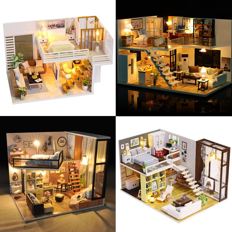 Doll House Miniature Dollhouse Loft Model With Furniture Building Kits Wooden Casa Diy Toys For Children Gift E