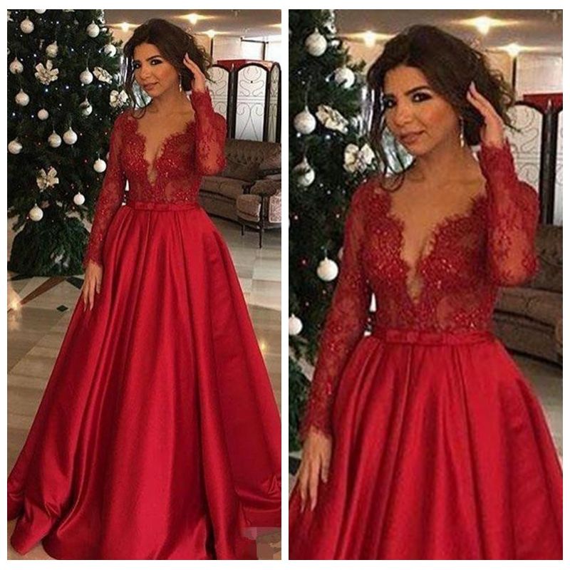 Modest Red Lace Prom Dresses Sexy V Neck Applique Long Sleeves Formal ...