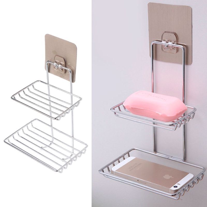 Home Storage Stainless Steel Adhesive Soap Dish Holder Bathroom Kitchen Hanger Towel Rack Wall Mount Sponge Draining