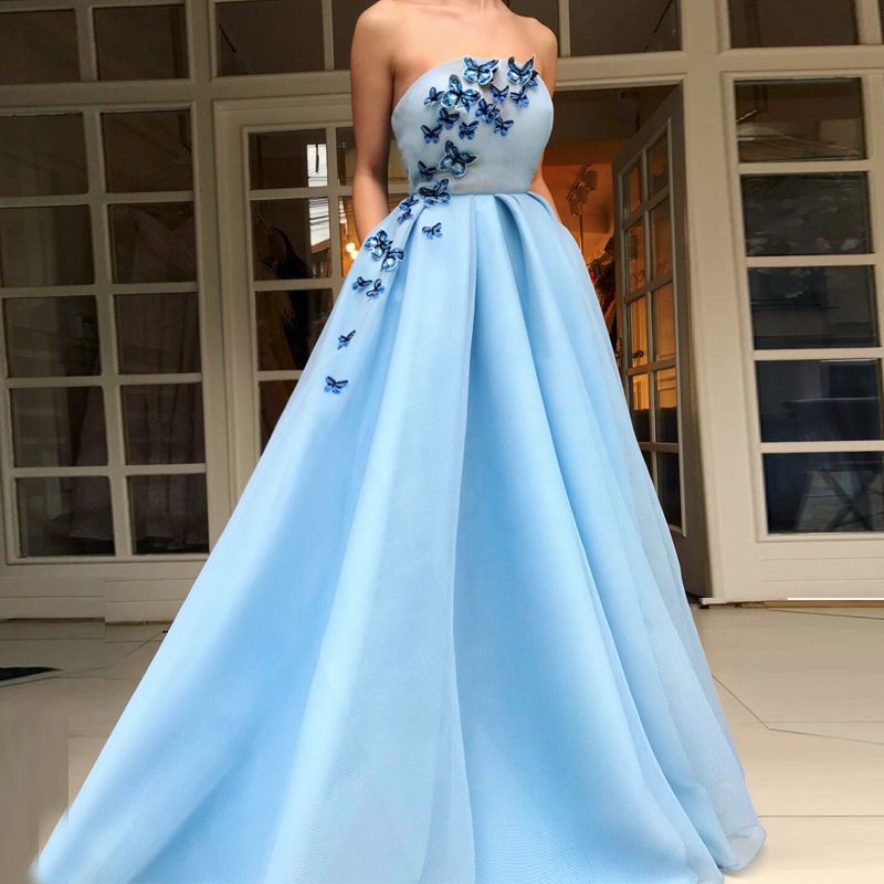 Light Blue Strapless Evening Dress