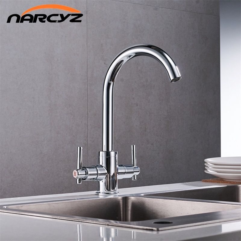 Free Shipping Chrome Color Kitchen Faucets Double Hands Round Bathroom Sinks Wall In Taps Double Hole Mix Water Tap Xt 12