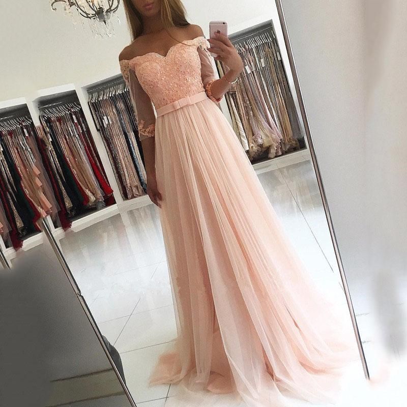 Grosshandel Elegante Rosa Abschlussball Kleider Vestidos De Baile A Line Tull Weg Von Der Schulter Mit 3 4 Langen Hulsen Bodenlangen Abend Kleid Partei Kleider Von Echo Wedding 92 11 Auf De Dhgate Com Dhgate