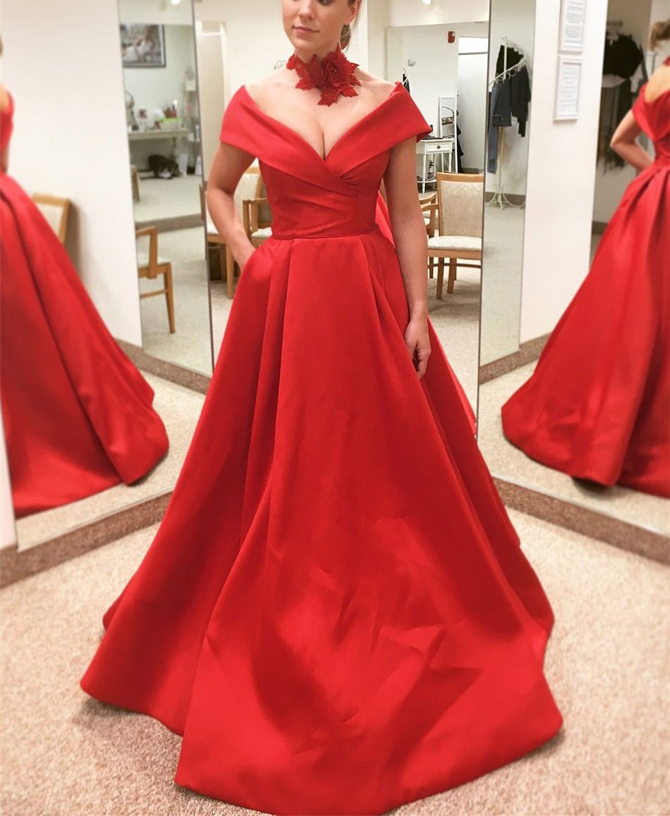 Großhandel Rote Lange Abendkleider Mit V Ausschnitt Aus Der Schulter Satin A Linie Bodenlangen Einfache Abendkleider 10 High Quality Party Red Großhandel Rote Lange Abendkleider Mit V Ausschnitt Aus Der Schulter Satin A Linie Bodenlangen Einfache Abendkleider 10 High Quality Party Red