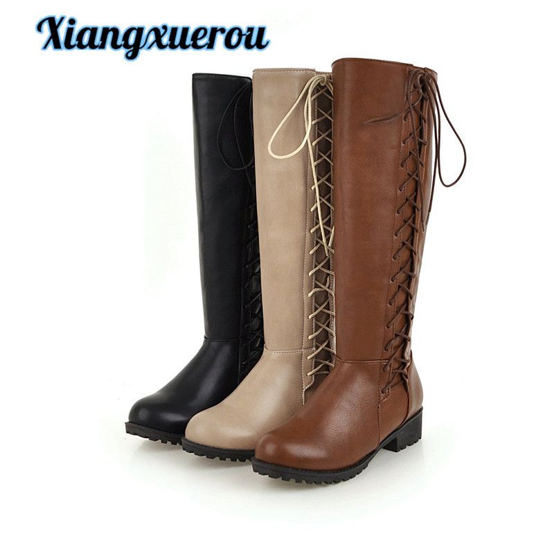 Xiangxuerou The New 2018 Low Cross Belt Round Head With Tall Canister Boots Knight