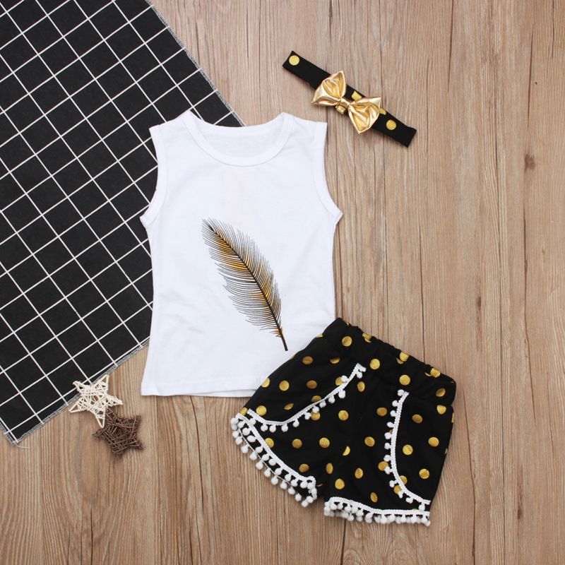 Newborn Baby Girls Feather Tops Vest Pants Shorts Headband Outfits Clothes Set