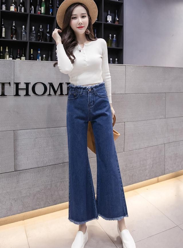 2019 2015 Spring Fashion New Korea Style High Waist Micro Horn Wide Leg Jiufen Jeans DD102. From Fabian05, $44.69