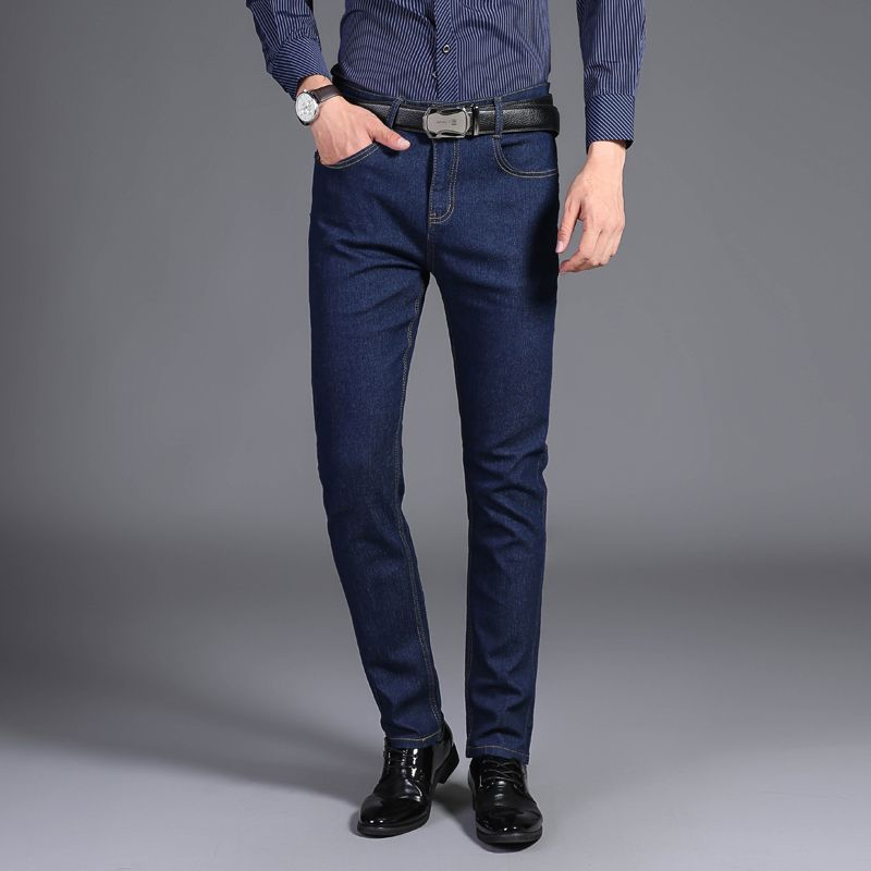 2020 Mens Solid Color Business Jeans Mens Straight Blue Business Casual